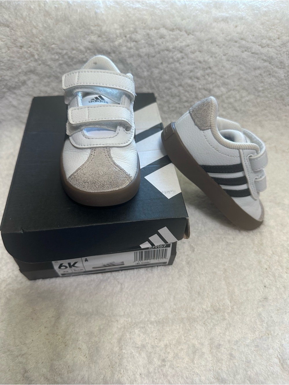 Adidas Kids White Sneakers with Black Stripes and Gum Sole